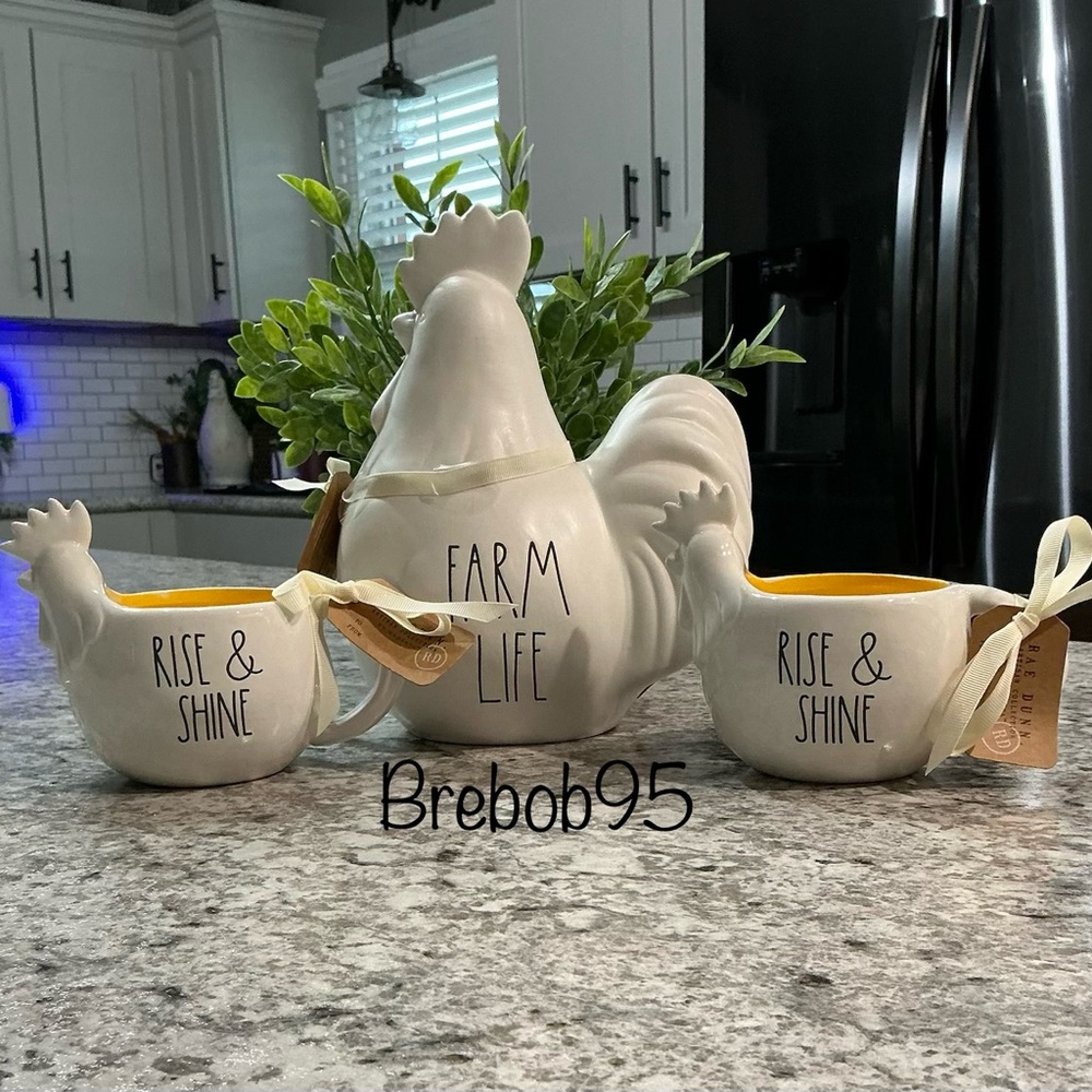 Rae Dunn White Rooster Farm Life Canister with Rise & Shine Mugs